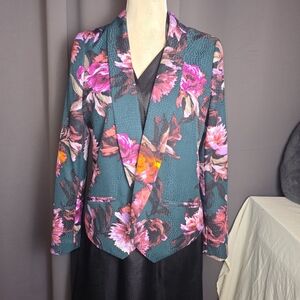 Cartonnier Anthropologie Floral Blazer Jacket Women 8 Teal Open Front